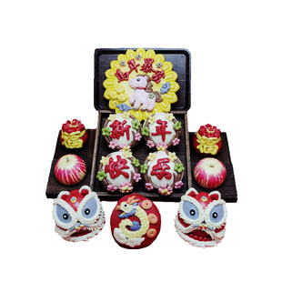 马年暴富春节过年花馍馒头新年快乐礼物盒摆供贡品生肖马醒狮饽饽