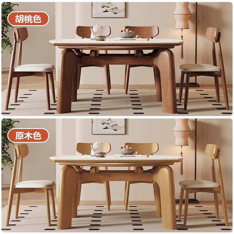 大象腿餐桌黑胡桃色法式板圆桌小户型可变实木中古伸缩折叠岩餐桌