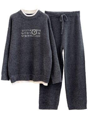 男士秋冬加厚保暖撞色家居服套装