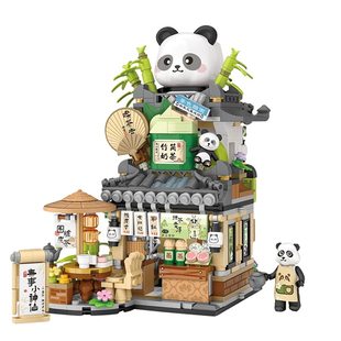 loz熊猫茶舍积木小颗粒拼装小熊咖啡折叠街景房子国潮拼搭玩具