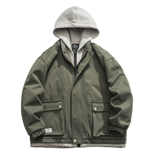 马切达冬季日系工装假两件棉衣男款加厚潮牌休闲棉服连帽宽松冬装