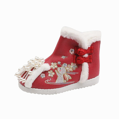 女童红色绣花鞋冬季儿童汉服鞋