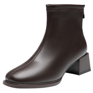 大东方头粗跟短靴女2025新款秋季美拉德加绒靴子瘦瘦靴切尔西女靴