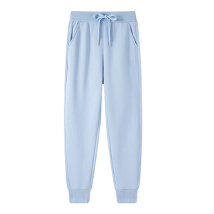 高档品牌天蓝色加绒休闲运动裤女高腰秋冬季大码束脚宽松休闲卫裤
