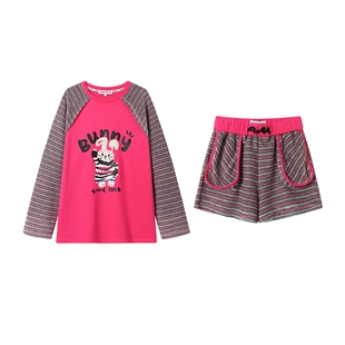 ANDREA MARTIN秋冬新款火龙果色拼接肌理长袖T恤休闲短裤运动套装