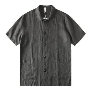 纯亚麻纽扣翻领衬衫男短袖 夏季轻薄透气吸湿排汗中国风灰色上衣