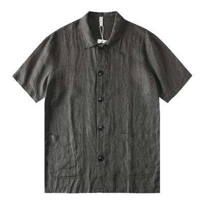 100%亚麻翻领纽扣短袖衬衫