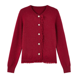 秋水伊人复古休闲圆领针织衫2026年春季新款女百搭流苏珍珠扣毛衣