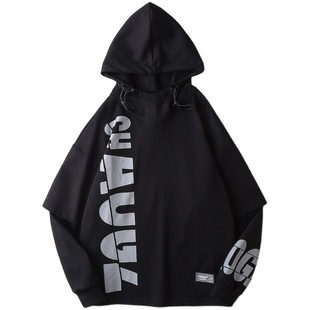 AOGZ国潮牌假两件卫衣男生女春秋2025新款美式连帽上衣情侣装外套