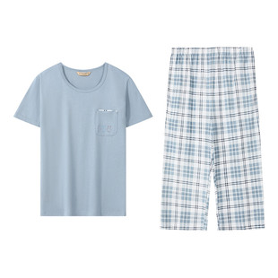 秋鹿针织纯棉睡衣女夏款短袖七分裤可爱印花家居服春秋可外穿套装