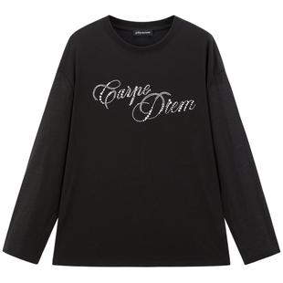 太平鸟 长袖宽松亲肤凉爽面膜T恤25夏季新款韩系珍珠烫钻字母上衣