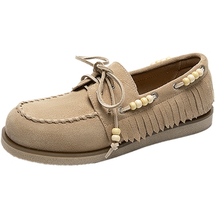 natursun流苏袋鼠鞋女冬季新款帆船鞋牧风乐福鞋通勤休闲板鞋