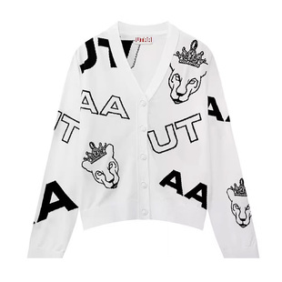 高尔夫女装秋冬新款韩国运动时尚V领纽扣上衣保暖长袖图案针织衫