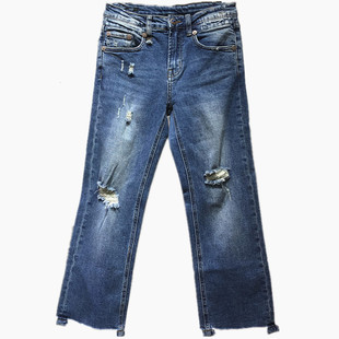 欧单新款 中腰7-8分裤长破洞毛边小直筒牛仔裤女显瘦精品裤子