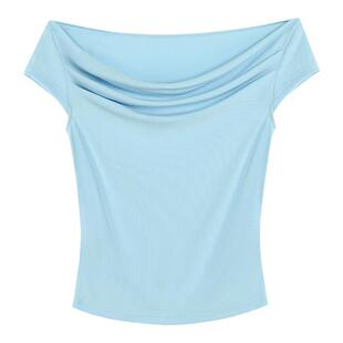 MULVAN 法式一字领短袖t恤女夏季设计感修身针织短款纯欲锁骨上衣