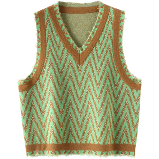 迷人气质！撞色人字纹提花羊绒马甲女V领宽松羊绒背心加厚坎肩冬