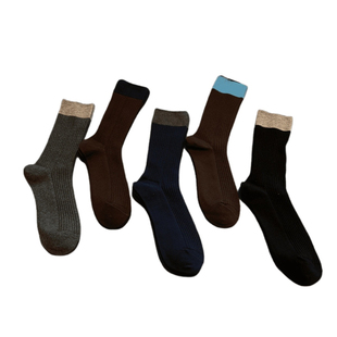 袜子女纯棉抗起球双针中筒袜拼色美拉德堆堆袜无骨复古藏青色长袜