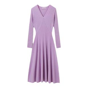OVV秋冬新款女装舒适V领A字廓形下摆伞裙长袖针织连衣裙