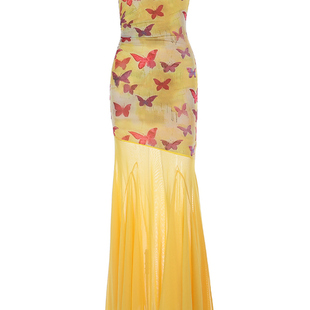 海岛绝美多巴胺抹胸连衣裙女2025新款高级感蝴蝶拼接一字肩网纱裙