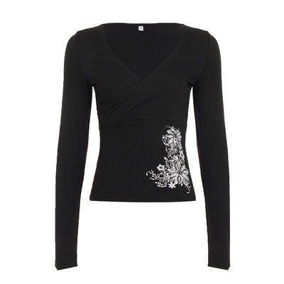 WEEKEEP 街头复古花卉印花V领收腰长袖T恤女百搭黑色修身显瘦上衣