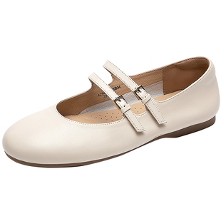 千百度低跟羊皮双带玛丽珍鞋女百搭气质新款平底单鞋小香风晚晚鞋