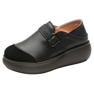 【里外全皮】春季厚底单鞋真皮松糕鞋软底皮鞋妈妈鞋平底复古女鞋