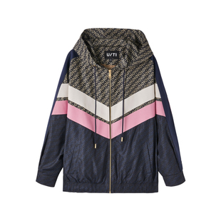 U/TI撞色肌理满印外套女百搭运动风户外连帽上衣尤缇2025春季新款