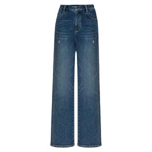 H·GENTEEL荷高25年新款春装女铆钉钻饰水洗直筒牛仔裤