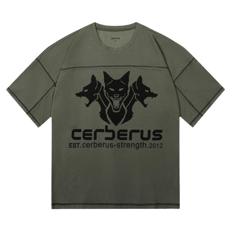 Cerberus地狱犬运动健美健身拼接复古欧美裁剪运动透气训练短袖