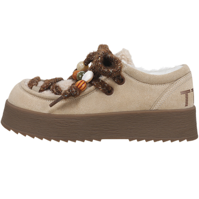 TTKJ加绒袋鼠鞋女冬保暖雪地靴懒人毛毛棉鞋厚底大头反绒皮勃肯鞋