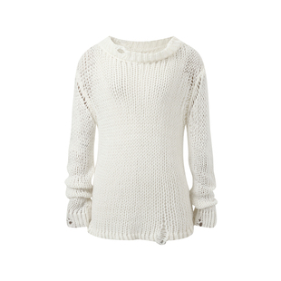 RedBling 原创设计法式圆领白色套头慵懒风镂空长袖针织罩衫毛衣