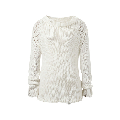 RedBling 原创设计法式圆领白色套头慵懒风镂空长袖针织罩衫毛衣