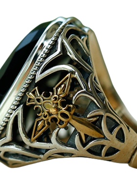 复古男925纯银开口戒指黑玛瑙