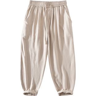 极麻抽绳松紧腰休闲棉麻弯刀裤男士日系直筒透气潮流宽松亚麻长裤