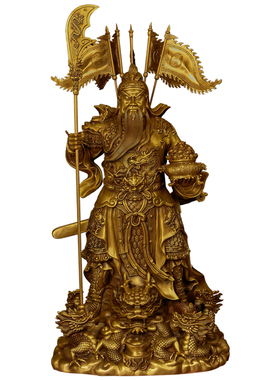 黄铜九龙关公神像武财神摆件立刀令旗商铺家用公司开业家居饰品