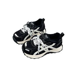 真皮松糕底加绒老爹鞋女2025冬季新款百搭拼色复古双系带休闲鞋女