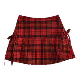 森女部落学院风格子高腰百褶裙女新款百搭蝴蝶结设计感半身裙冬季