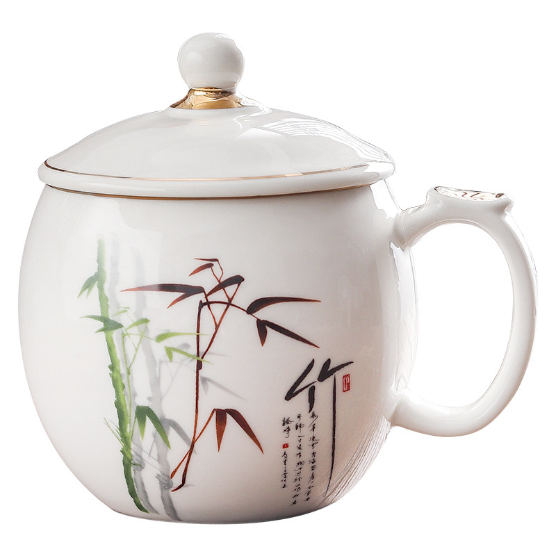 中式轻奢办公茶杯带盖陶瓷会议杯