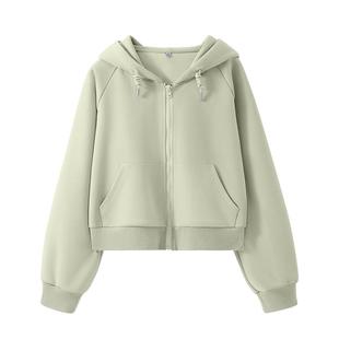 班尼路纯色短款外套女2026新款秋季连帽卫衣插肩袖开衫宽松上衣M