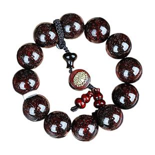 正宗印度小叶紫檀手串爆满水波纹螺旋金星鸡血红男女手链文玩佛珠