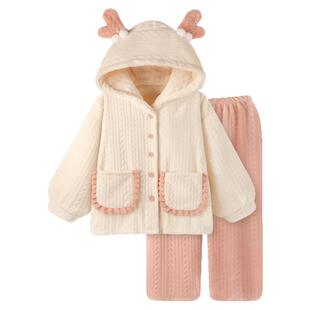 『桃桃小鹿』甜美睡衣女款冬加厚法兰绒保暖长袖高级感家居服套装