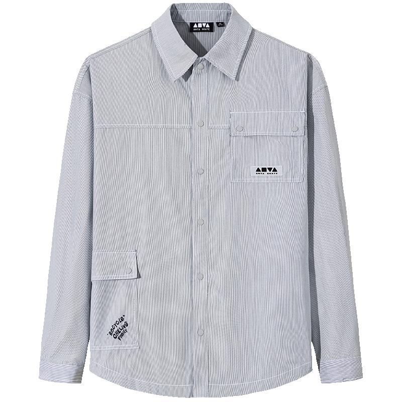 安踏潮流高街竖条纹长袖衬衫男女同款冬季宽松衬衣外套172538109