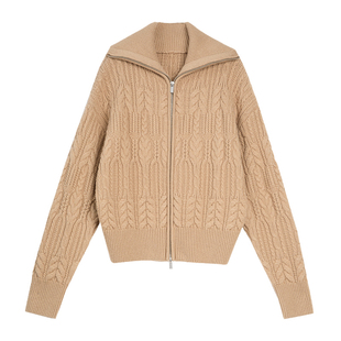 【自营】ELLE绵羊毛翻领复古厚毛衣开衫女25冬款拉链高智感针织衫