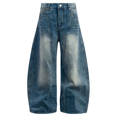 INKNOTS水洗做旧阔腿弯刀牛仔裤