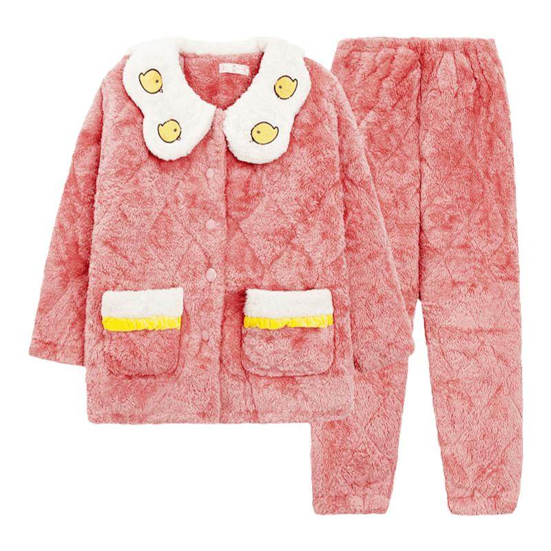 睡衣女士冬季款珊瑚绒三层加厚夹棉袄法兰翻领超保暖可外穿家居服