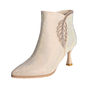 春季满钻高跟短靴女春秋单靴米白色配旗袍的鞋子闪闪细跟尖头气质