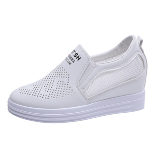 春夏镂空透气小白鞋女内增高厚底百搭一脚蹬网鞋坡跟单鞋休闲女鞋
