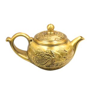可旋转纯黄铜龙凤呈祥茶壶浮雕创意茶具办公室会客室茶室装饰摆件