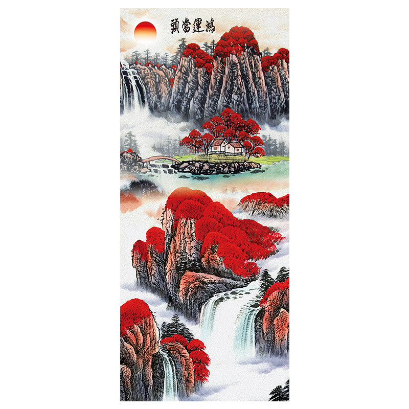中式风自粘流水生财书房装饰画