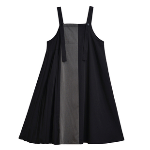 黑灰拼接背带裙长款连衣裙夏季女装薄款裙子日系文艺森系宽松长裙